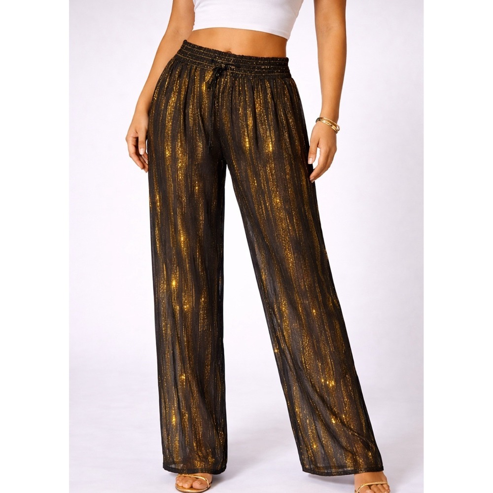 Vintage Sheer Metallic Gold Stripe Pull On Glam Pants S Disco Rock Festival